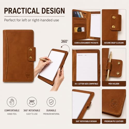 Personalized Leather Portfolio Organizer for Men Women Professional Padfolio A5 Binder Resume Document Holder Refillable Writing Journal Binder for Business Meetings Travel (Tan) - Image 5