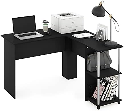 Furinno Abbott L-Shape Computer Desk with Stainless Steel Tubes Bookshelf, Americano/Chrome by Furinno-FitsYourSpaceFitsYourBudget