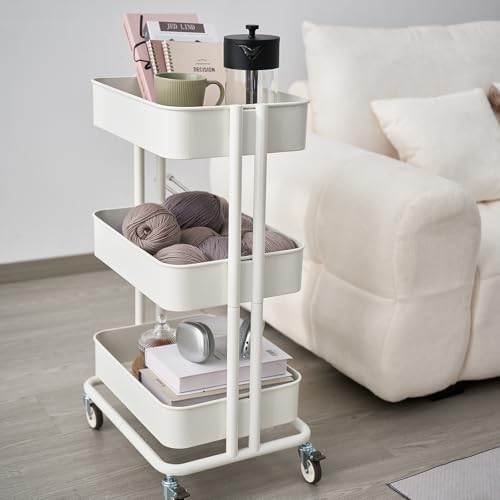 3 Tier Rolling Cart Metal Heavy Duty Utility Cart with Silent Caster Lockable Wheels Multi-Functional Organization Carts Storage Trolley with Mesh Shelves for Office Kitchen Living Room white - Image 6