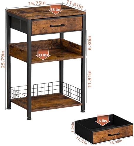 Lerliuo End Table with Fabric Drawer,3 Tier Industrial Wood Side Table with Storage,Modern Tall Printer Stand,Vintage Brown Nightstand,Rustic Bedside Tables for Living Room Bedroom Small Spaces - Image 3