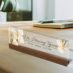 Artblox Personalized Office Desk Name Plate and Business Card Holder | Clear Acrylic Glass with Teak Wood Stand | Calla Flowers Design Customized with Your Name and Credentials Office Desk Decor - Image 2