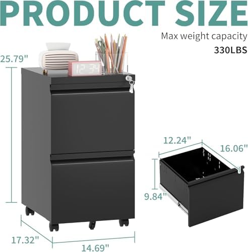 Guizeeopo 2 Drawer Locking File Cabinet, Fully Assembled Heavy-Duty Metal Filing Cabinets for Home Office, Quiet Slides, Anti-Tipping Wheels, Fits A4/Letter/Legal, Matte Black - Image 3