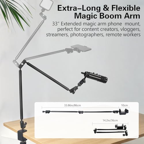 Desktop Clamp Magic Arm 33.84" Kit for Phone,DSRL Two-Stage Adjustable Flexible Arm, Overhead Camera Mount, Desk Phone Mount for Webcam, Action Camera, Mic,Video Light - Image 2