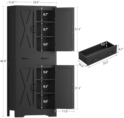 TEENFON Tall Storage Cabinet with 2 Adjustable Shelves & 1 Large Drawer, Kitchen Pantry Cabinet with 4 Doors, Bathroom Storage Cabinets, for Living Room, Kitchen, Bathroom, Black - Image 3