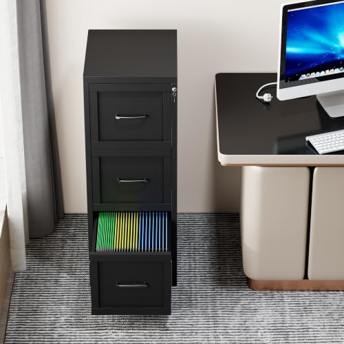 3-Drawer Metal File Cabinet with Lock, Tall Narrow Vertical, Black - Image 3