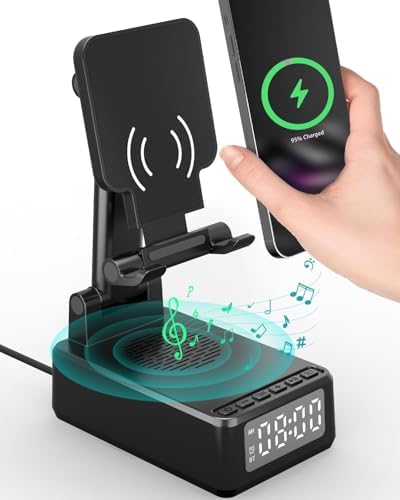 Gifts for Men Cell Phone Stand with Wireless Bluetooth Speaker and Wireless Charger, Phone Charger Stand with Digital Alarm Clock for iPhone, Birthday Gifts for Men,Boyfriend,Dad,Women,Christmas by Bitswolee