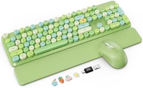 Wireless Keyboard Mouse Combo, Green, Round Keycaps, Magnetic Wrist Rest by Trueque