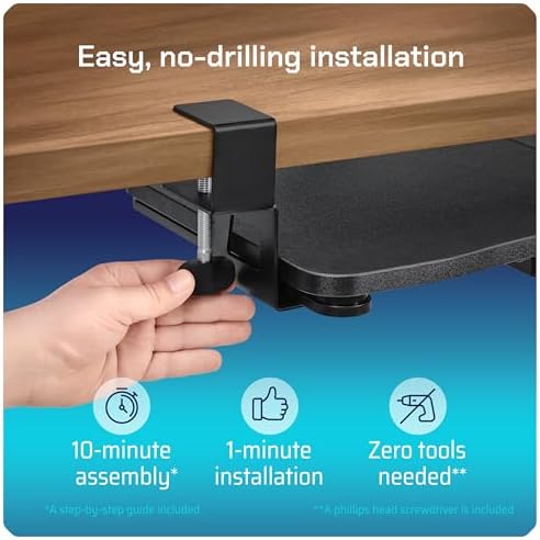 Keyboard Tray | Under Desk Keyboard Tray Slide Out w/Adjustable C-Clamps for Desks Up to 1.5-Inch-Thick | Clamp On Drawer with 1x USB-C to 4 USB-A Hub and 1x Five-Cable Management Organizer - Image 7