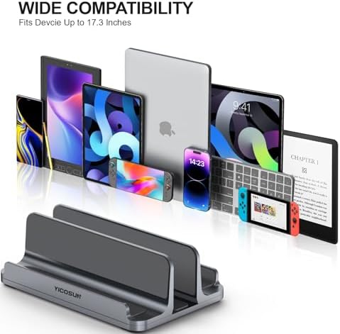 YICOSUN 3-Slot Aluminum Vertical Laptop Stand for Desk - Adjustable Width Dock for MacBook, Surface, Samsung, HP, Dell up to 17.3 inches - Space-Saving & Protective Design - Gray - Image 7