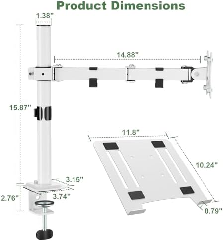 UPGRAVITY White Laptop Desk Mount with Vented Tray for Notebook up to 17 inch, Fully Adjustable Single Laptop Arm Stand Holds up to 17.6 lbs, Clamp on/Grommet Mounting - Image 3
