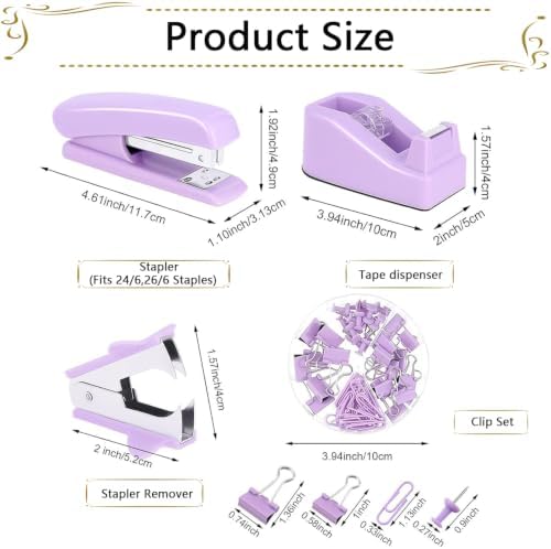 Office Supplies,Purple Desk Accessories,Stapler and Tape Dispenser Set for Women with Stapler,Tape Dispenser,Staple Remover,Staples,Clips,Scissors and Tabs,Gift for Student,Teacher,Coworkers,Business - Image 5