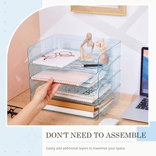 Harloon 4 Tier Clear Blue Acrylic Paper Organizer Letter Tray, Aesthetic Stackable Desk File Organizer Paper Holder Office Tray for A4, Modern Classroom Office Home File Pad Books Notes - Image 4