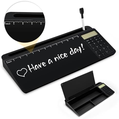 Desktop Glass Whiteboard with Calculator(12 Digit LCD Display) & Ruler Marker,Tilted Notepad Computer Keyboard Stand with Black Dry Erase Board Surface, Desk Organizers with Accessories,Black by MAKUANG