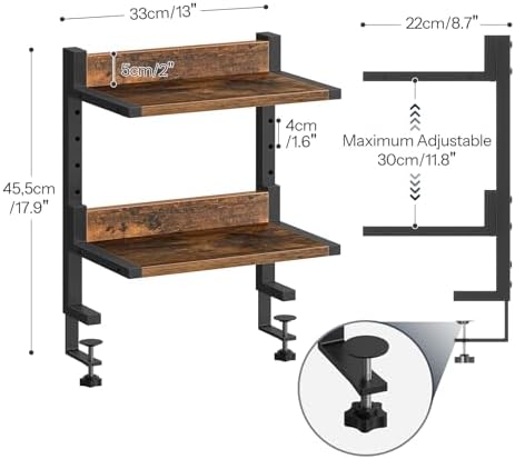 HOOBRO Clamp On Desk Shelf, 2-Tier Desktop Organizer, Space-Saving Desk Shelf with Adjustable Shelves, for Office, Study, Entertainment Accessories, Rustic Brown and Black BF32SJ01 - Image 2