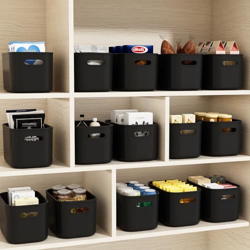 ORGIDOL 12 Pack Black Plastic Storage Bins, Storage Container for Organizing, Storage Boxes with Handle for Shelves, Cute Organizer Bins for Craft, Snacks, Pantry, Cabinet, 8.7x6.7x5.66inch - Image 3