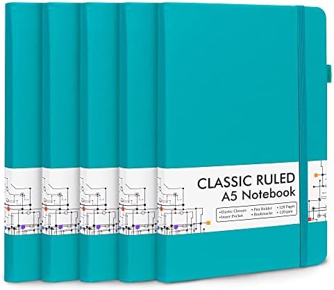 5 Pack Journal Notebook Bulk for School, Feela Hardcover Business Notebooks Classic Ruled Lined Journals with Pen Holder for Work Note Taking, with 5 Black Pens, 120 GSM, 5.1”x8.3”, A5, Emerald by feela