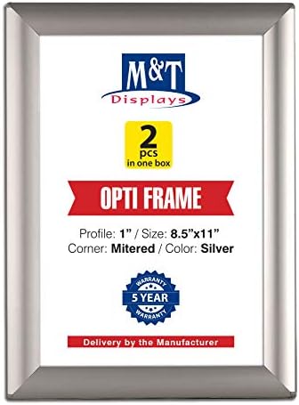 M&T Displays Silver 8.5x11 Poster Frame 1 inch Aluminum Profile Front Loading Wall Mounting Opti Snap Frame Display for Picture, Document or Certificate with Mitred Corner (2 Pack) by MTDisplays