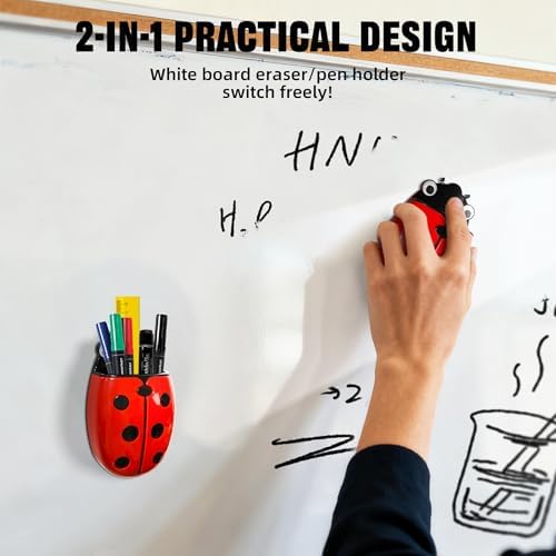 Magnetic Pen Holder for Fridge Whiteboard, 2-in-1 Magnetic Marker Holder Dry Erase Marker Whiteboard Eraser, Cute Ladybug Pencil Cup Desk Organizer for Classroom Office School Home (4-Pack) - Image 4