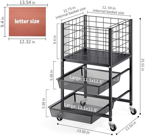 TOOLF Rolling File Cart, 3-Tier Metal File Cabinet with Wheel, Filing Cabinet with 2 Sliding File Trays, Adjustable Hanging File Folder Organizer for Office, Home, Classroom Black - Image 4