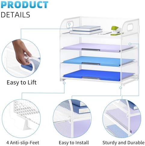 Marbrasse 4 Tier Paper Organizer Letter Tray, Mesh Desk File Organizer with Handle, Paper Sorter Organizer for Letter /A4 Office File Folder Holder（White, 12.6" x 9.1" x 10.7"） (Pack of 2) - Image 4