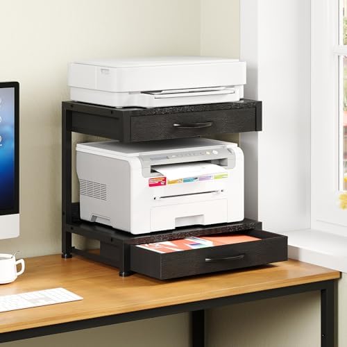 VENNQD 2-Tier Desktop Printer Stand with 2 Fabric Drawers, Prtiner Table with Storage Shelf, Desk Organizer for Home Office,3D Printer,Fax Machine,Scanner (Black, 2 Tier) - Image 2