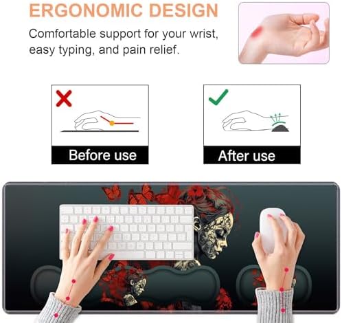 Ergonomic Keyboard Wrist Rest & Mouse Pad Wrist Rest Set, Large Gaming Desk Mat 31.5"x 11.8" with Non-Slip Base, Memory Foam, Easy Typing Pain Relief for Home & Office, Tattooed Girl and Red Butterfly - Image 5