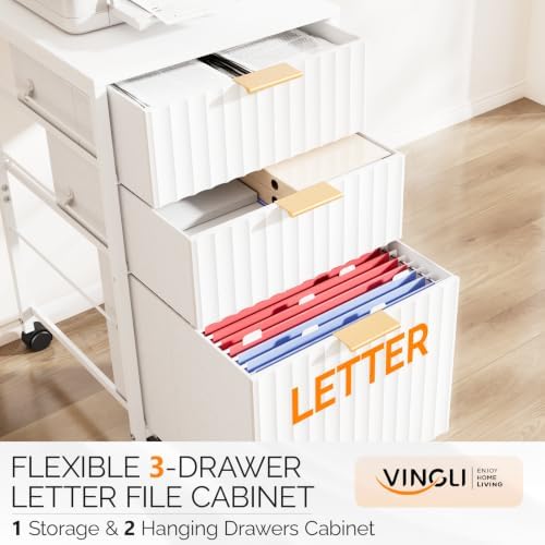 VINGLI 3 Drawer Fluted File Cabinet, Rolling File Cabinet Mobile Under Desk File Cabinet with Wheels, Fabric Drawers Printer Stand for Home Office, Fits Letter Size, White - Image 4