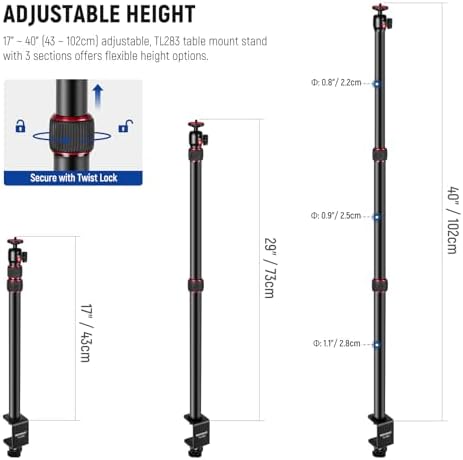 NEEWER Camera Desk Mount with Holder & 360° Ball Head, 17"-40"/43-102cm Telescopic C Clamp Table Light Stand 1/4" Screw, Desktop Stand 6.6lb/3kg Max Load for DSLR Camera, Webcam, Ring Light,TL283 - Image 2