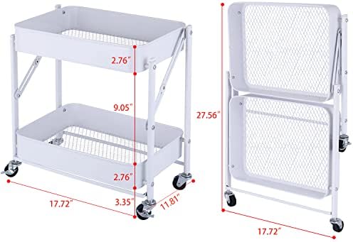 Melody House 2-Tier Metal Folding Rolling Cart, Mobile Utility Cart Trolley Storage Organizer for Office Home Kitchen Organization, Sofa Side End Table with Wheels, White - Image 7