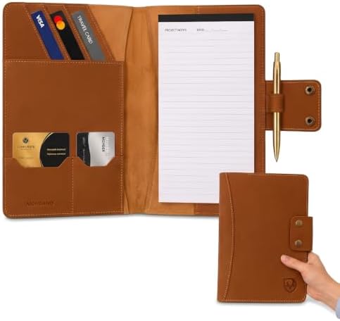 Personalized Leather Portfolio Organizer for Men Women Professional Padfolio A5 Binder Resume Document Holder Refillable Writing Journal Binder for Business Meetings Travel (Tan) by Mordano