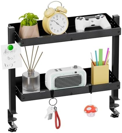 17 inch Adjustable 2-Tier Clamp On Desk Shelf with Hooks by OUKMIC