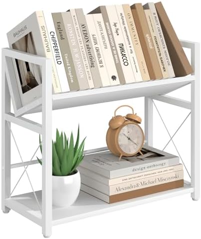 ELITEROO Desktop Bookshelf Organizer, 2 Tier Wood Desk Shelf for Tabletop Storage, Small Book Rack for Office, Home, or Study, Mini Bookcase for Book Display, Decor, and Supplies, White by ELITEROO