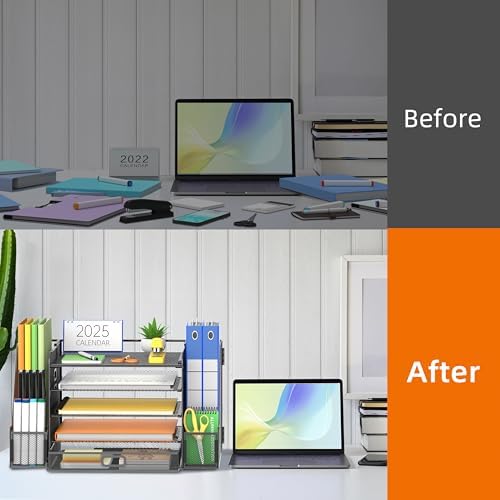 SUPEASY Mesh Desk Organizer with File Holder, 5-Tier Paper Letter Tray Organizer with Magazine Holder, Desktop Organizer and Storage with Drawer for Office Supplies Home or School (Black) - Image 5