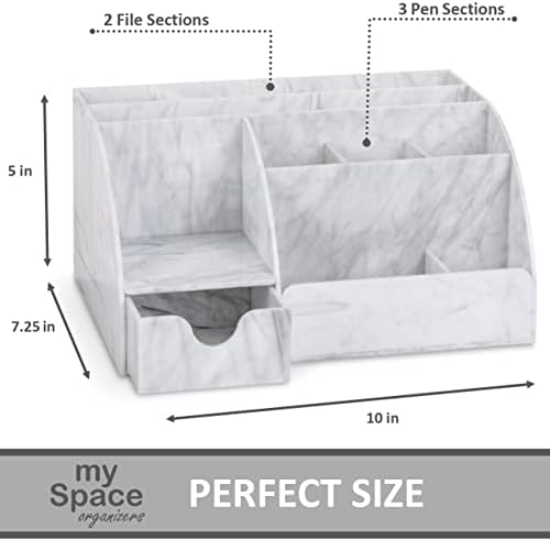 My Space Organizers Marble Desk Organizer For Office Supplies And Accessories - 9 Sections - Pencil Pen Holder Storage - Desktop Organization Decor Essentials (White Grey Marble) - Image 4