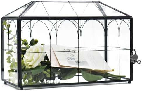 LargeBlack and Glass Card Box for wedding with Lock and Slot - Wedding Envelope Card Holder for Reception Clear Lock Box with Key Geometric Handmade Vintage Card Box for Wedding Party (Large-Black) by Gimotar