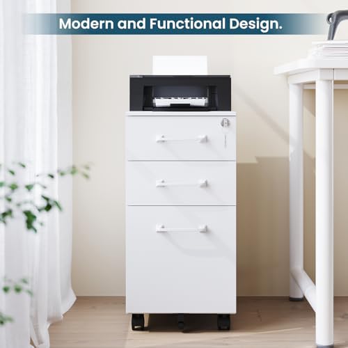 MIIIKO White Filing Cabinet 3 Drawers Under Desk, Metal File Cabinet with Lock for Home Office, Small Mobile File Cabinet for Letter Legal File Folders（Un-Assembled） - Image 4
