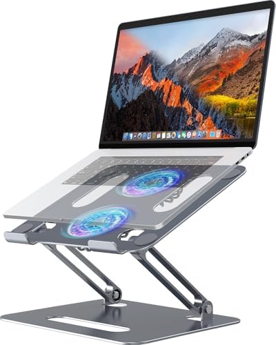 YICOSUN Adjustable Laptop Cooling Stand with 2 Quiet Fans & RGB Lighting, Aluminum Alloy & Foldable Ergonomic Design for MacBook, Lenovo, ASUS, Dell 10-16 Inch, Perfect for Gaming, DJ, Office - Gray by DeliveringDesktopFashion