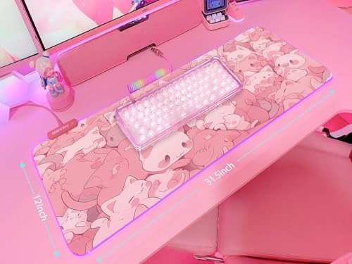 JMIYAV Pink RGB Gaming Mouse Pad 31.5x12 Inch PC XL Large Extended Glowing Led Light Up Desk Pad Non-Slip Rubber Base Computer Cute Mousepad Mat Desk Accessories Gaming Setup Dreamy Cats - Image 5