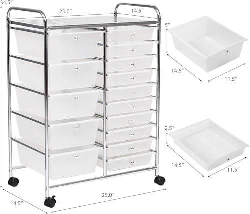 LDAILY 15 Drawer Rolling Storage Cart, Rolling Cart with Drawers for Classroom, Art Supply Craft Organizer on Wheel with Metal Frame & Handles for Home Office School - Image 3