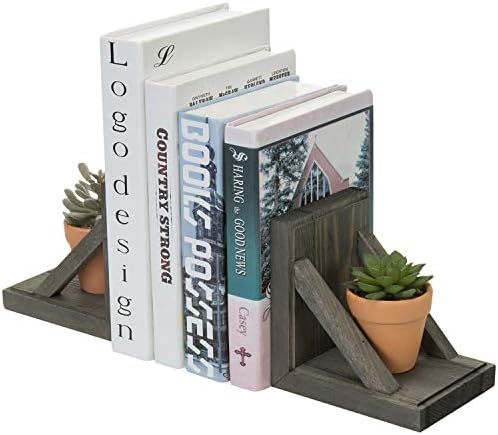 MyGift Vintage Gray Wood Decorative Bookends with Brass Metal Book Supports, Office Desk Wooden Bookend Book Stand, 2 Piece Set by MyGiftHome