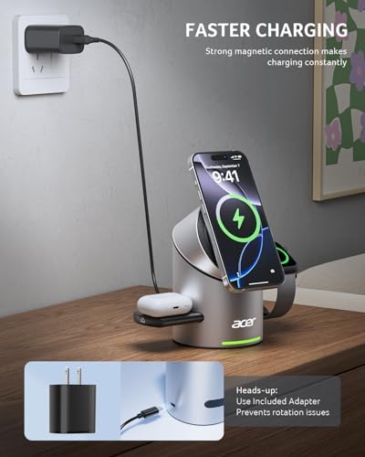 Acer Prime 3 in 1 Charging Station for Apple - Magnetic iPhone Wireless Charging Station, Magsafe Charger Stand for iPhone 17 16 15 14 13 12 - Apple Watch - Airpods Series (Charger & USB-C Included) - Image 6