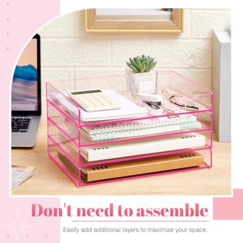 Harloon 4 Tier Clear Hot Pink Acrylic Paper Organizer Letter Tray, Aesthetic Stackable Low Profile Desk File Organizer Modern Heavy Duty Paper Holder Tray for A4, Office Home File Pad Books Notes - Image 3