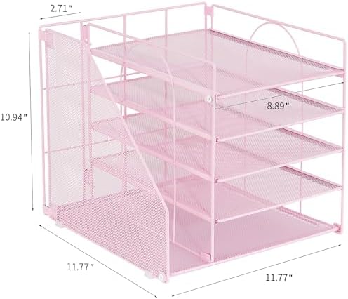 LEKETREE Desk Organizers and Accessories, 5-Tier Paper Letter Tray Organizer with File Holder, Desktop Organizer for Office Supplies (Pink) - Image 3