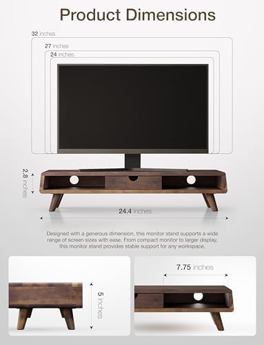Tinamo Wood Monitor Stand with Drawer & Storage, Walnut Color (Patented) - Image 2
