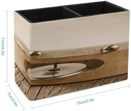 PU Leather Multi-Compartment Pen Holder Desktop Organizer Pencil Cup Storage Caddy for Office Home Supplies Closeup of A Tambourine on A Rustic Wooden Table Heavy Processing for Retro Bleached Look - Image 2