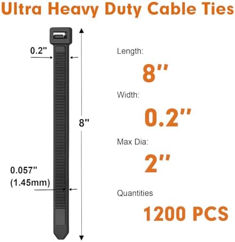 Zip Ties, RAZCC 1200pcs Black Cable Zip Ties 8 Inch, Heavy Duty Plastic Wire Ties with 70lb Tensile Strength, Self-Locking Black Nylon Tie Wraps for Indoor and Outdoor (Pack of 3) - Image 2