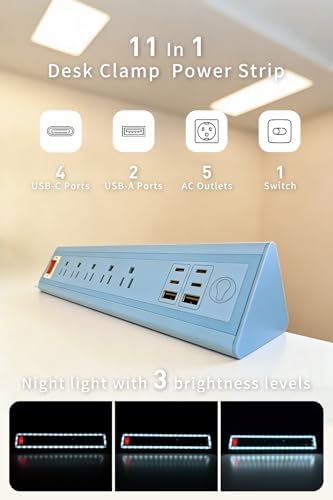Desk Clamp Power Strip with Nightlight, 40W Fast Charging, 10FT Extension Cord, 4x20W USB-C & 2 USB Ports, 5 AC Outlets, Fits 1.69-Inch Table Edges - Image 2