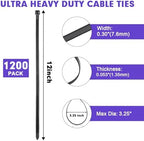Zip Ties, RAZCC 1200pcs Black Cable Zip Ties 12 Inch, Heavy Duty Plastic Wire Ties with 100lb Tensile Strength, Self-Locking Black Nylon Tie Wraps for Indoor and Outdoor - Image 2