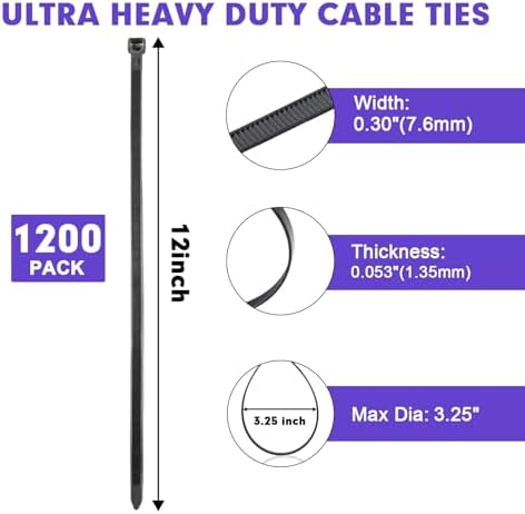 Zip Ties, RAZCC 1200pcs Black Cable Zip Ties 12 Inch, Heavy Duty Plastic Wire Ties with 100lb Tensile Strength, Self-Locking Black Nylon Tie Wraps for Indoor and Outdoor - Image 2