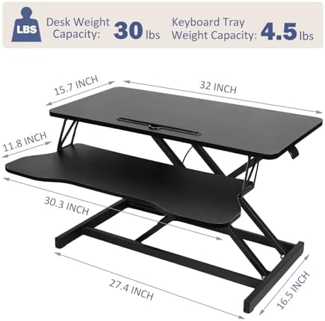 32 Inch Adjustable Standing Desk, Dual Monitor Sit Stand Desk with Wide Keyboard Tray for Table Home Office (Black) - Image 2
